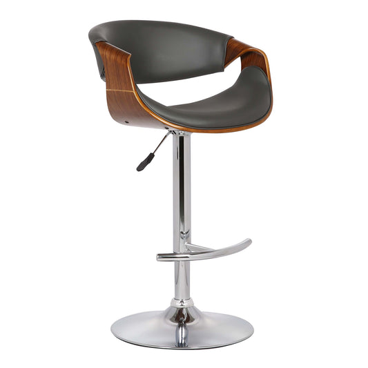 Butterfly Adjustable Height Swivel Gray Faux Leather and Walnut Wood Bar Stool with Chrome Base