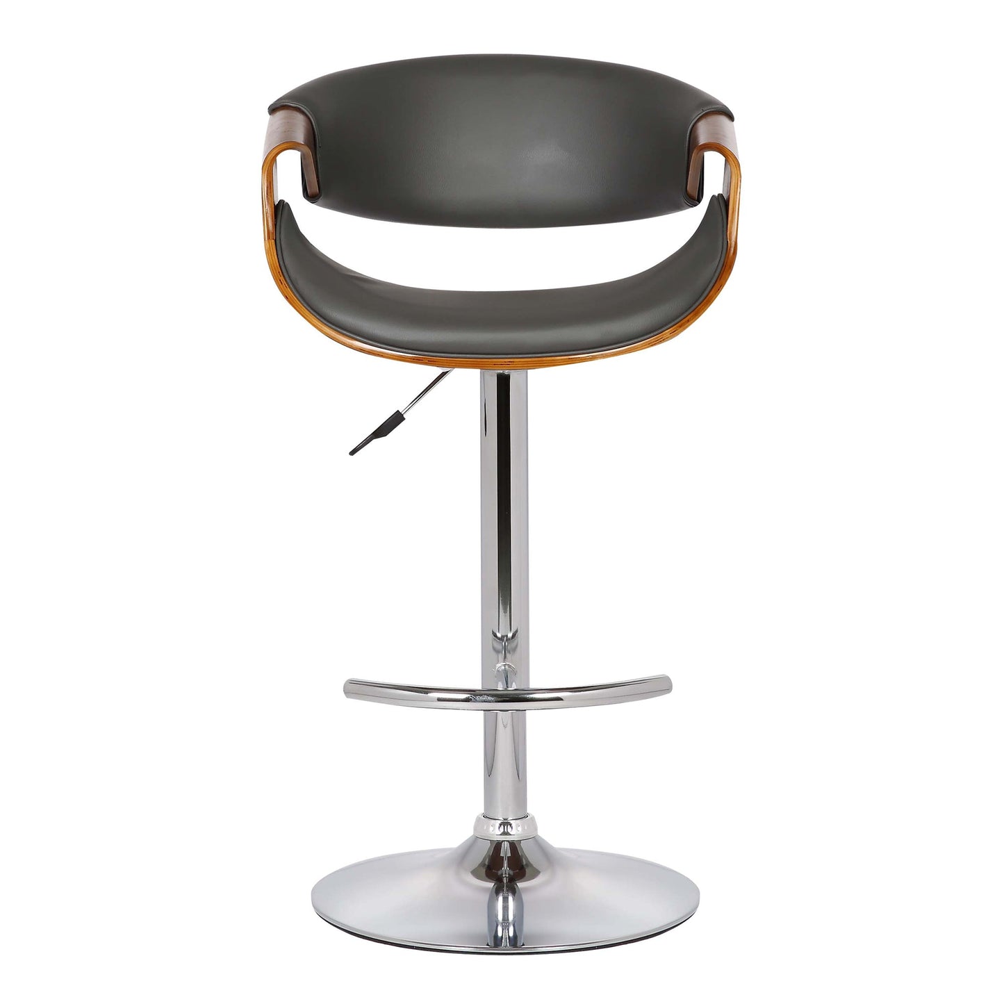 Butterfly Adjustable Height Swivel Gray Faux Leather and Walnut Wood Bar Stool with Chrome Base