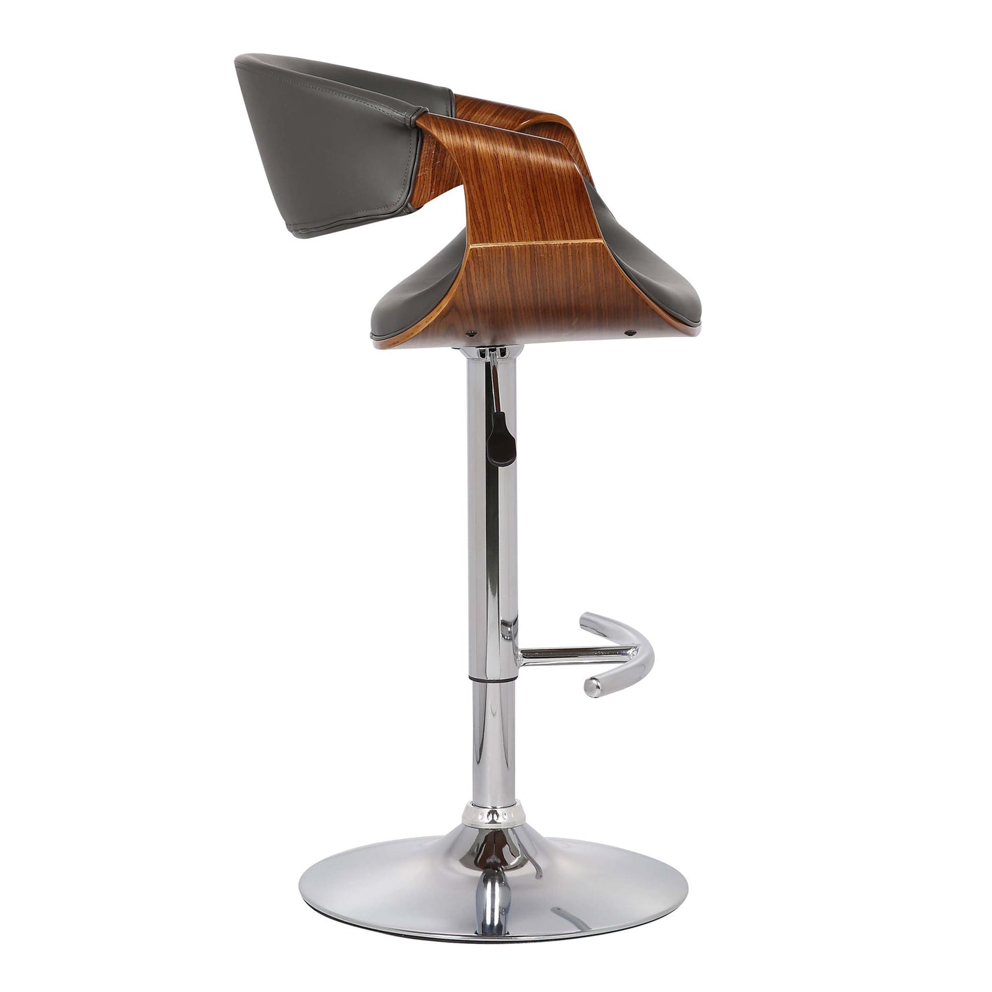 Butterfly Adjustable Height Swivel Gray Faux Leather and Walnut Wood Bar Stool with Chrome Base