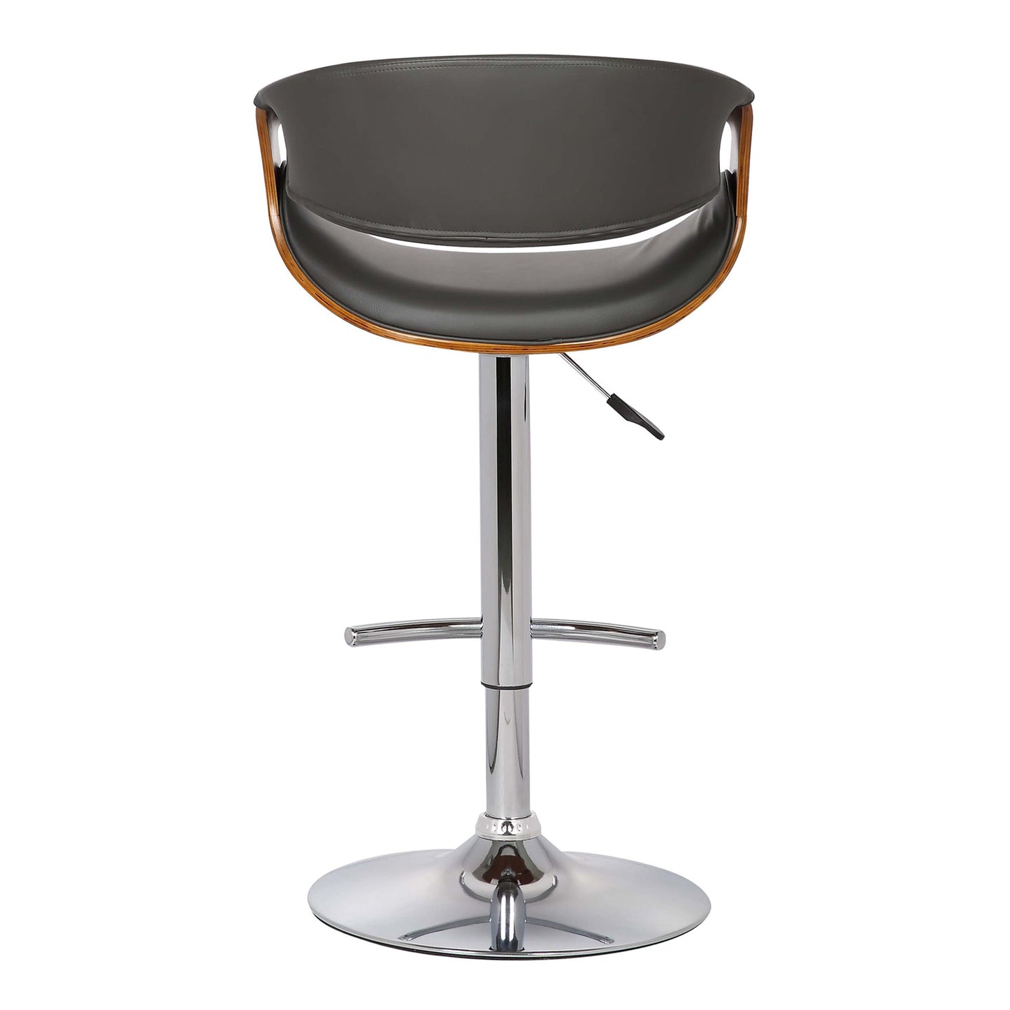 Butterfly Adjustable Height Swivel Gray Faux Leather and Walnut Wood Bar Stool with Chrome Base