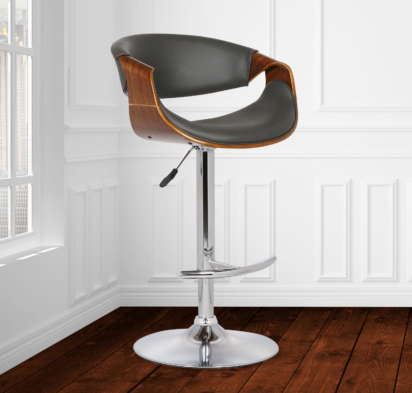 Butterfly Adjustable Height Swivel Gray Faux Leather and Walnut Wood Bar Stool with Chrome Base