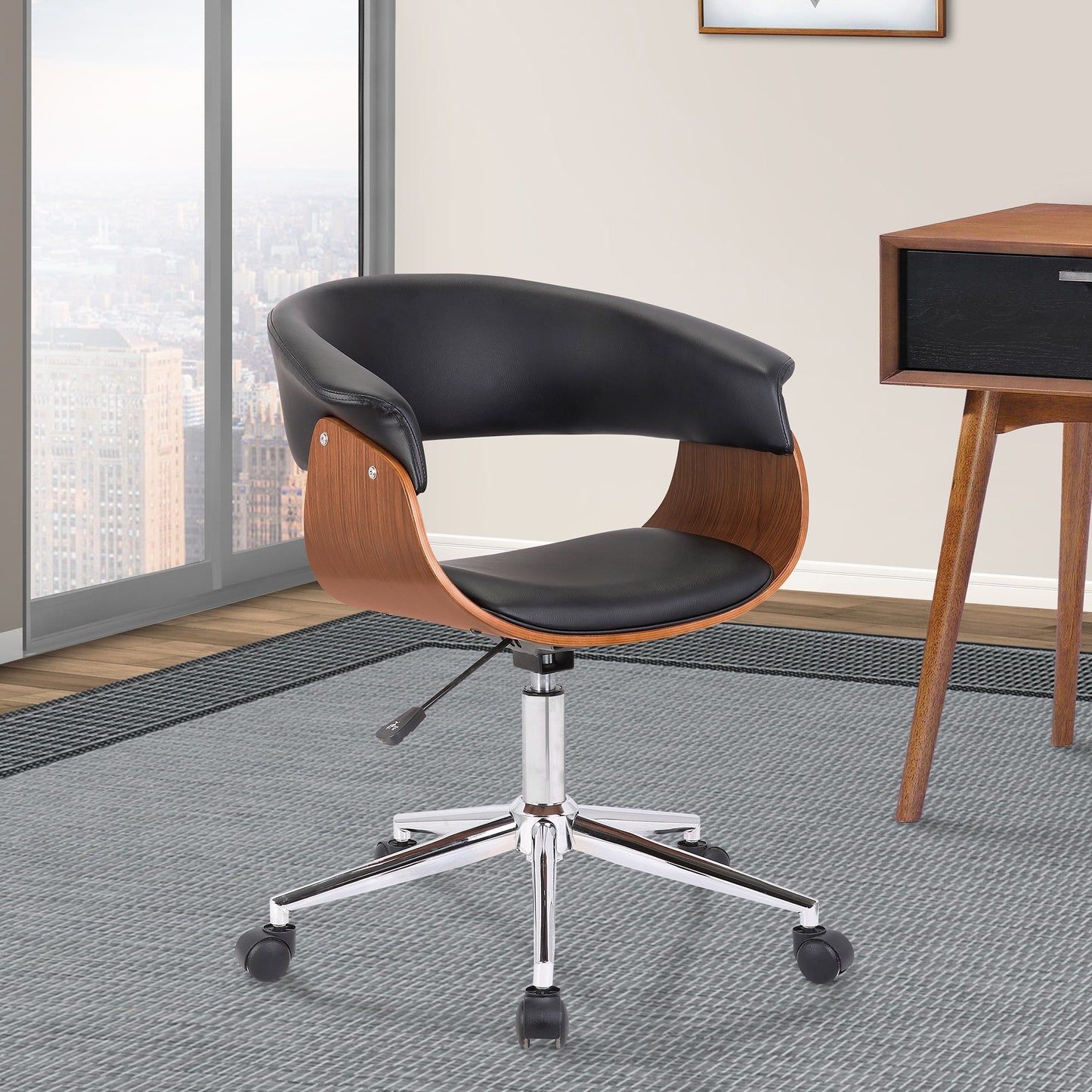 Bellevue Mid-Century Office Chair in Chrome Finish with Black Faux Leather and Walnut Veneer