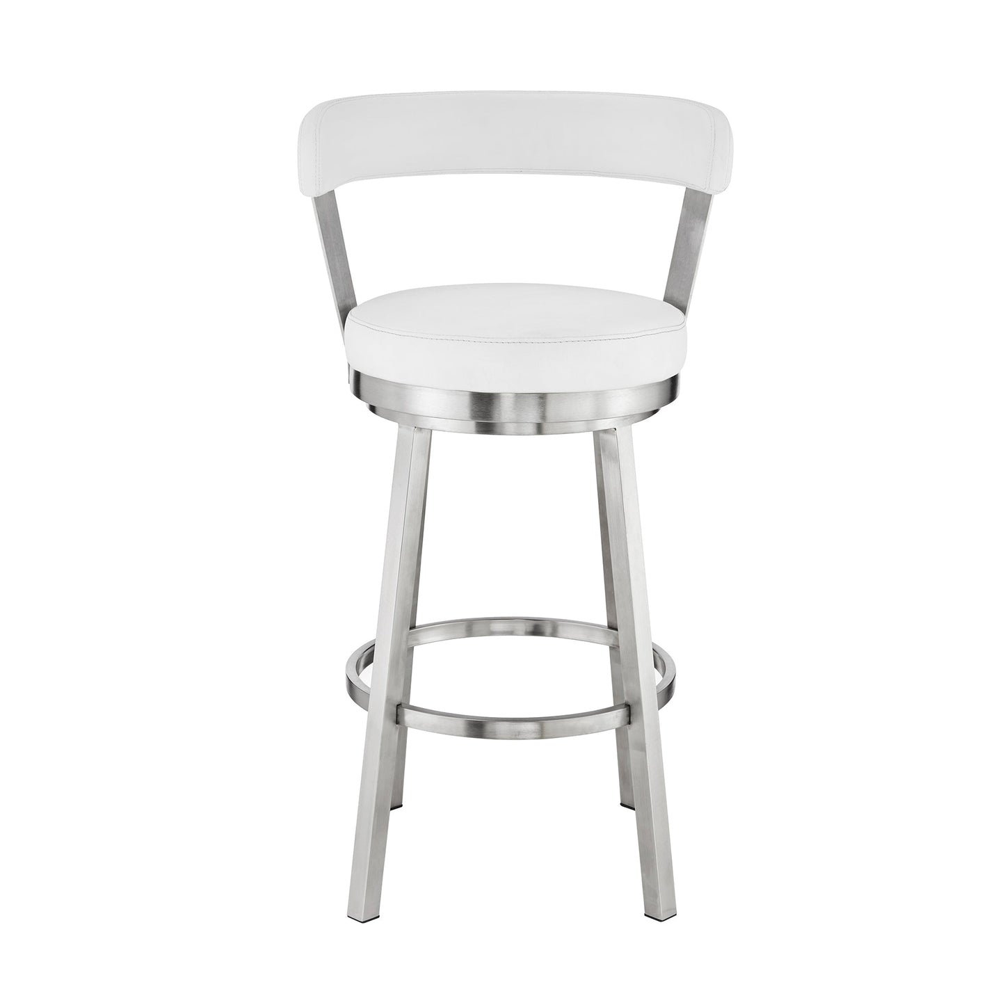 Bryant 26" Counter Height Swivel Bar Stool in Brushed Stainless Steel Finish and White Faux Leather