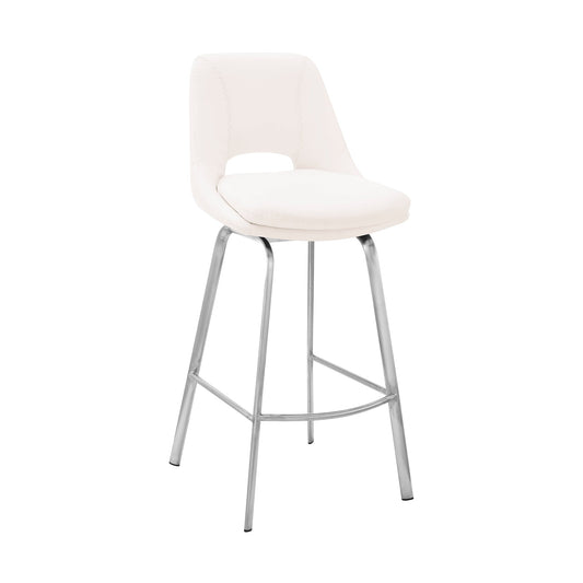 Carise White Faux Leather and Brushed Stainless Steel Swivel 30" Bar Stool