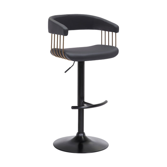 Calista Adjustable Bar Stool in Black Faux Leather with Golden Bronze and Black Metal