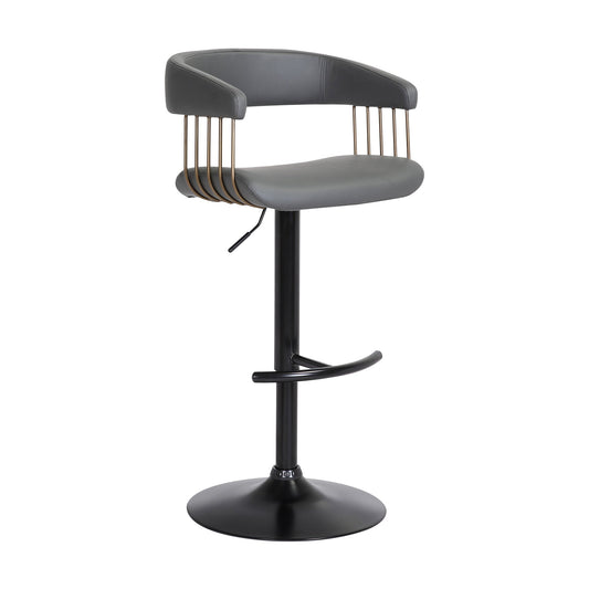 Calista Adjustable Bar Stool in Gray Faux Leather with Golden Bronze and Black Metal