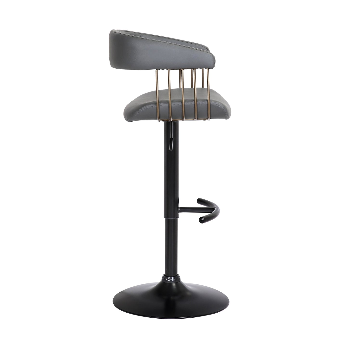 Calista Adjustable Bar Stool in Gray Faux Leather with Golden Bronze and Black Metal