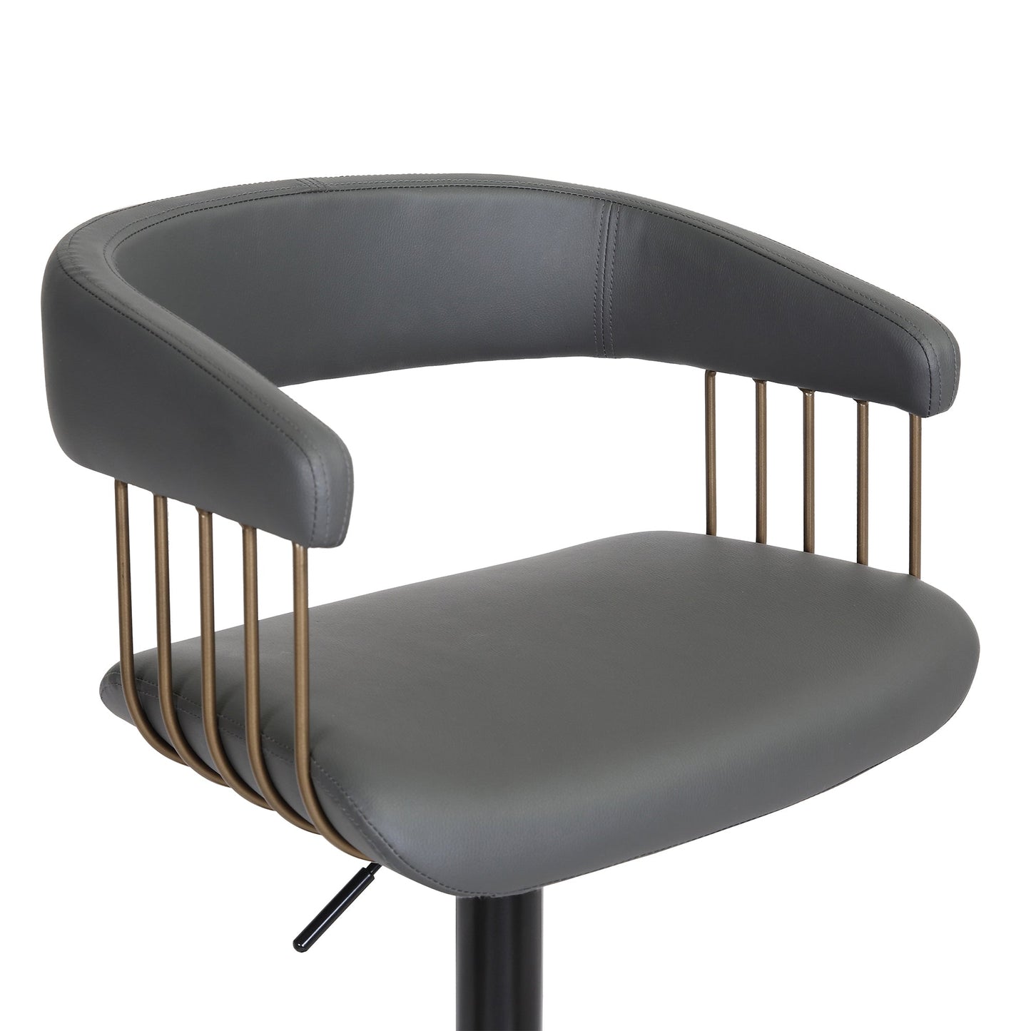 Calista Adjustable Bar Stool in Gray Faux Leather with Golden Bronze and Black Metal