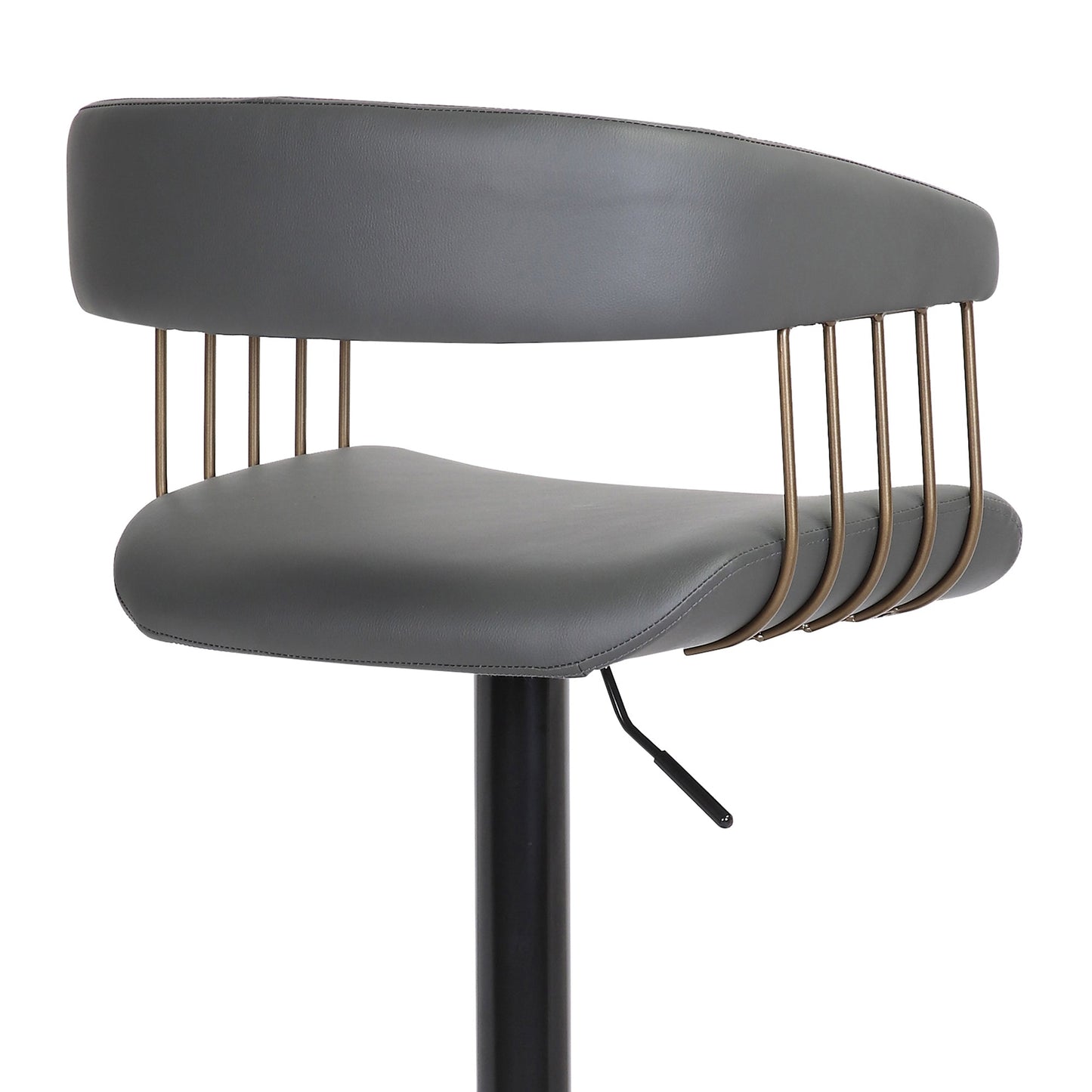 Calista Adjustable Bar Stool in Gray Faux Leather with Golden Bronze and Black Metal