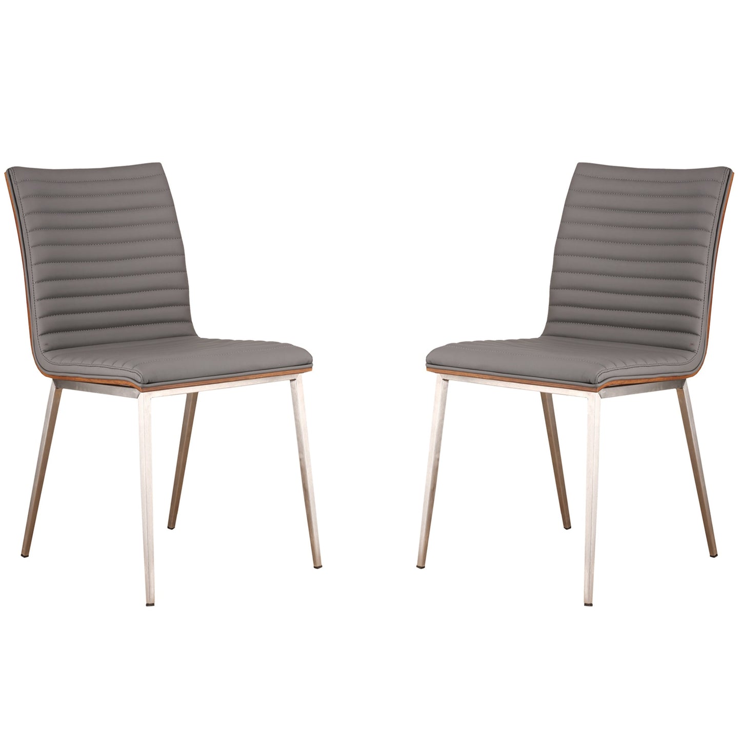 Café Brushed Stainless Steel Dining Chair in Gray Faux Leather with Walnut Back - Set of 2