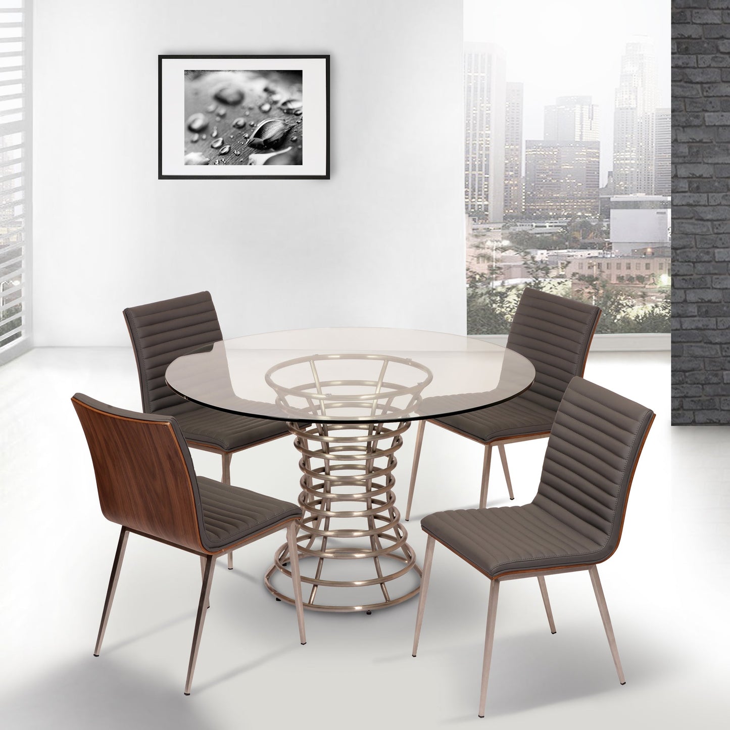 Café Brushed Stainless Steel Dining Chair in Gray Faux Leather with Walnut Back - Set of 2