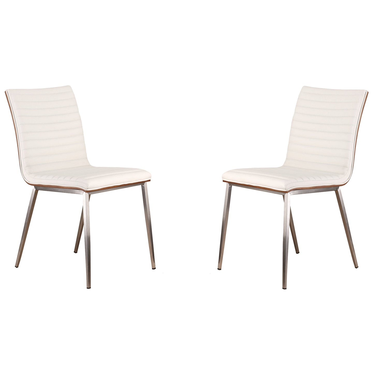 Café Brushed Stainless Steel Dining Chair in White Faux Leather with Walnut Back - Set of 2