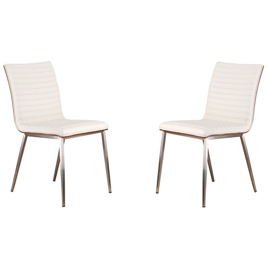 Café Brushed Stainless Steel Dining Chair in White Faux Leather with Walnut Back - Set of 2