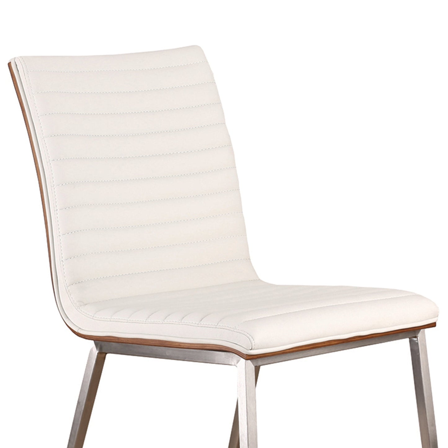 Café Brushed Stainless Steel Dining Chair in White Faux Leather with Walnut Back - Set of 2