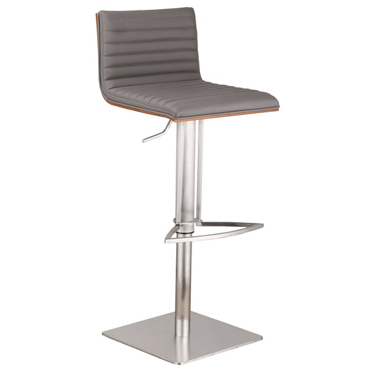 Café Adjustable Height Swivel Gray Faux Leather and Walnut Wood Bar Stool with Brushed Stainless Steel Base