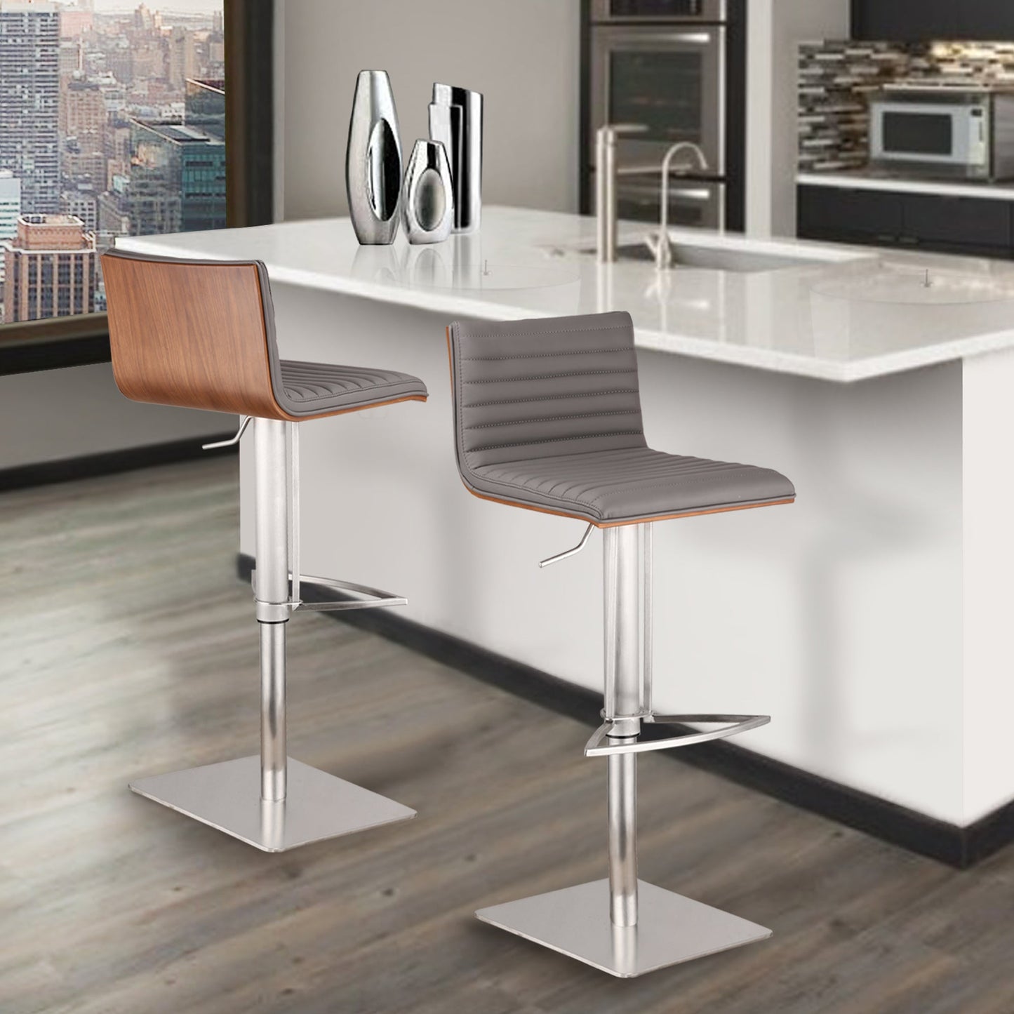 Café Adjustable Height Swivel Gray Faux Leather and Walnut Wood Bar Stool with Brushed Stainless Steel Base