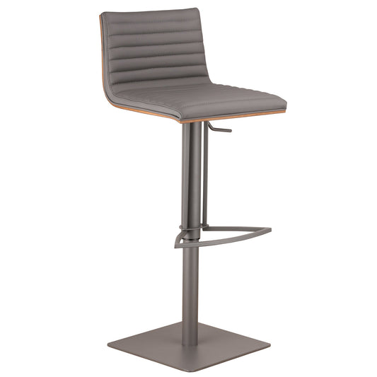 Café Adjustable Height Swivel Gray Faux Leather and Walnut Wood Bar Stool with Gray Metal Base