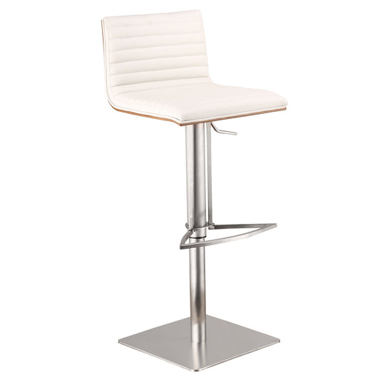 Café Adjustable Height Swivel White Faux Leather and Walnut Bar Stool with Brushed Stainless Steel Base