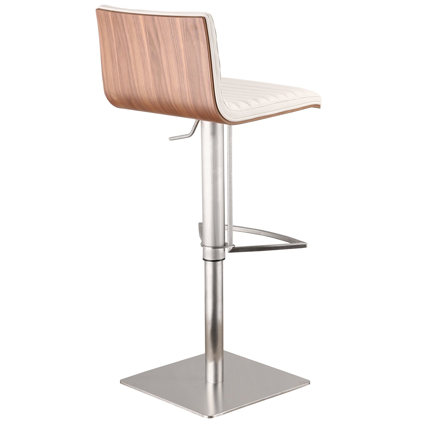 Café Adjustable Height Swivel White Faux Leather and Walnut Bar Stool with Brushed Stainless Steel Base