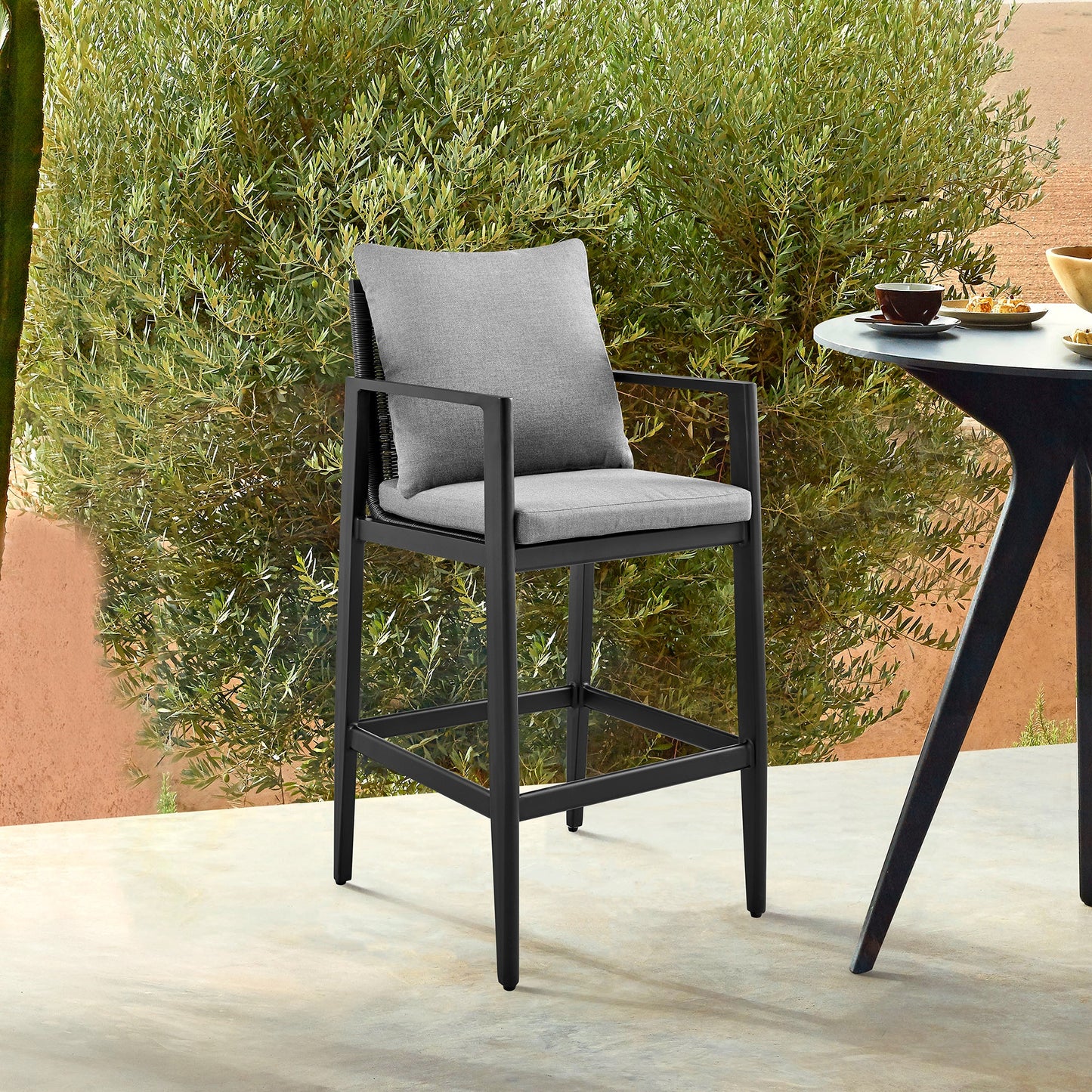 Cayman Outdoor Patio Bar Stool in Aluminum with Gray Cushions