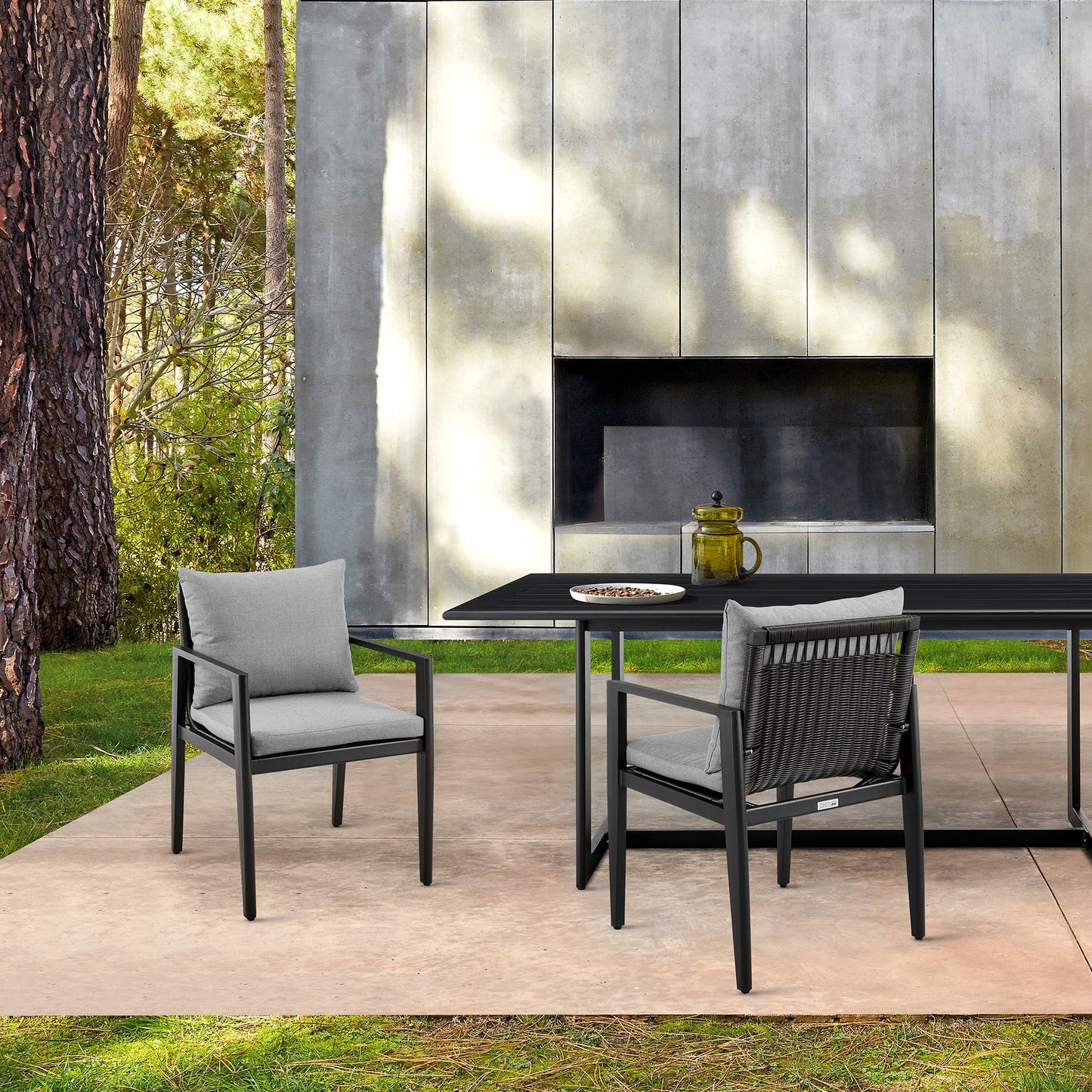 Cayman Outdoor Patio Dining Chairs with Arms in Aluminum with Gray Cushions - Set of 2