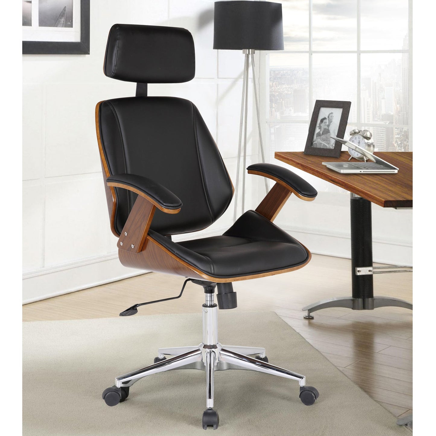 Century Office Chair with Multifunctional Mechanism in Chrome finish with Black Faux Leather and Walnut Veneer Back