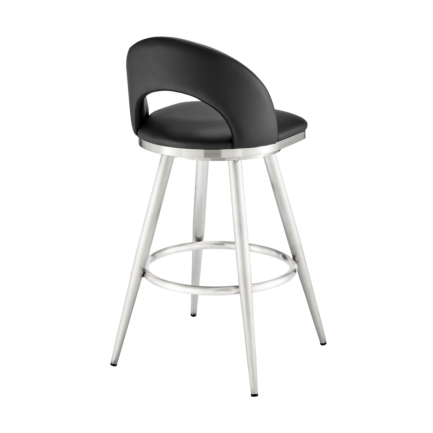 Charlotte 26" Swivel Counter Stool in Brushed Stainless Steel and Black Faux Leather