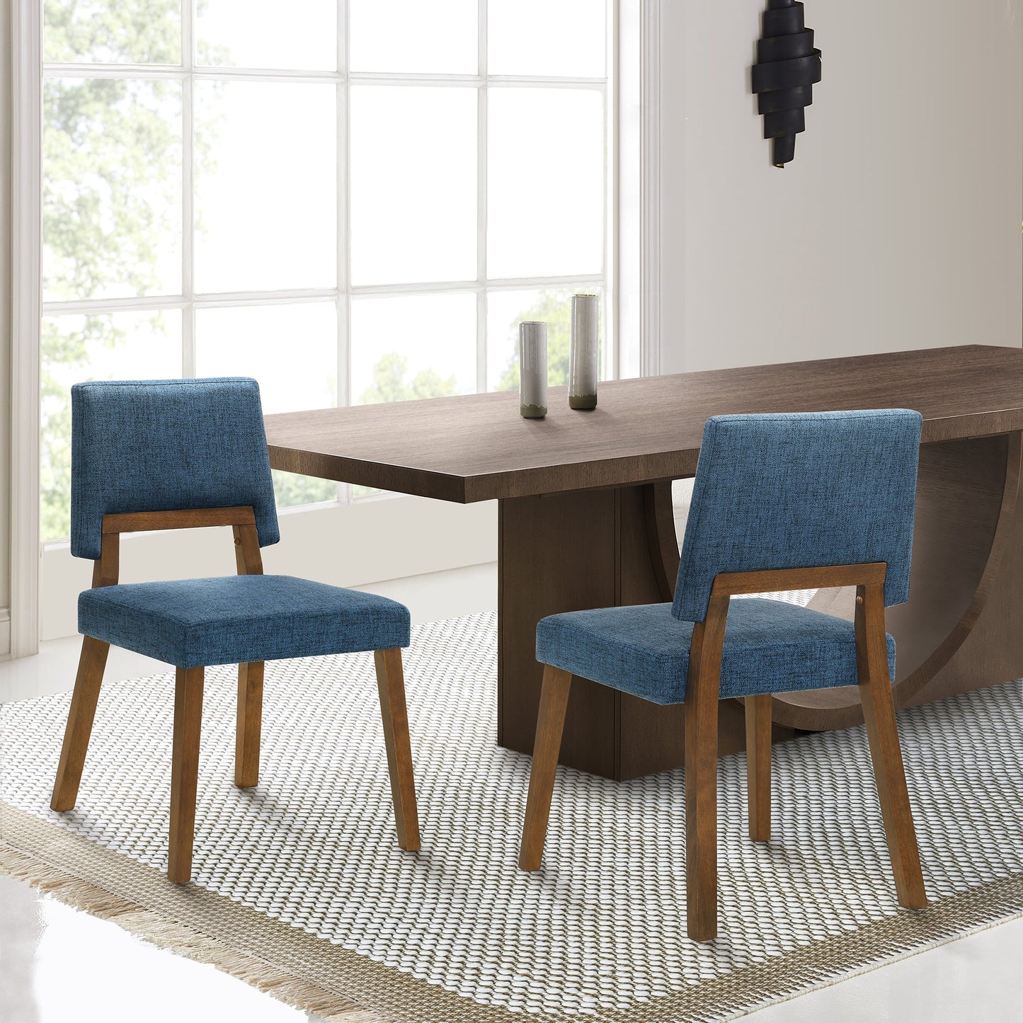 Channell Wood Dining Chair in Walnut Finish with Blue Fabric - Set of 2