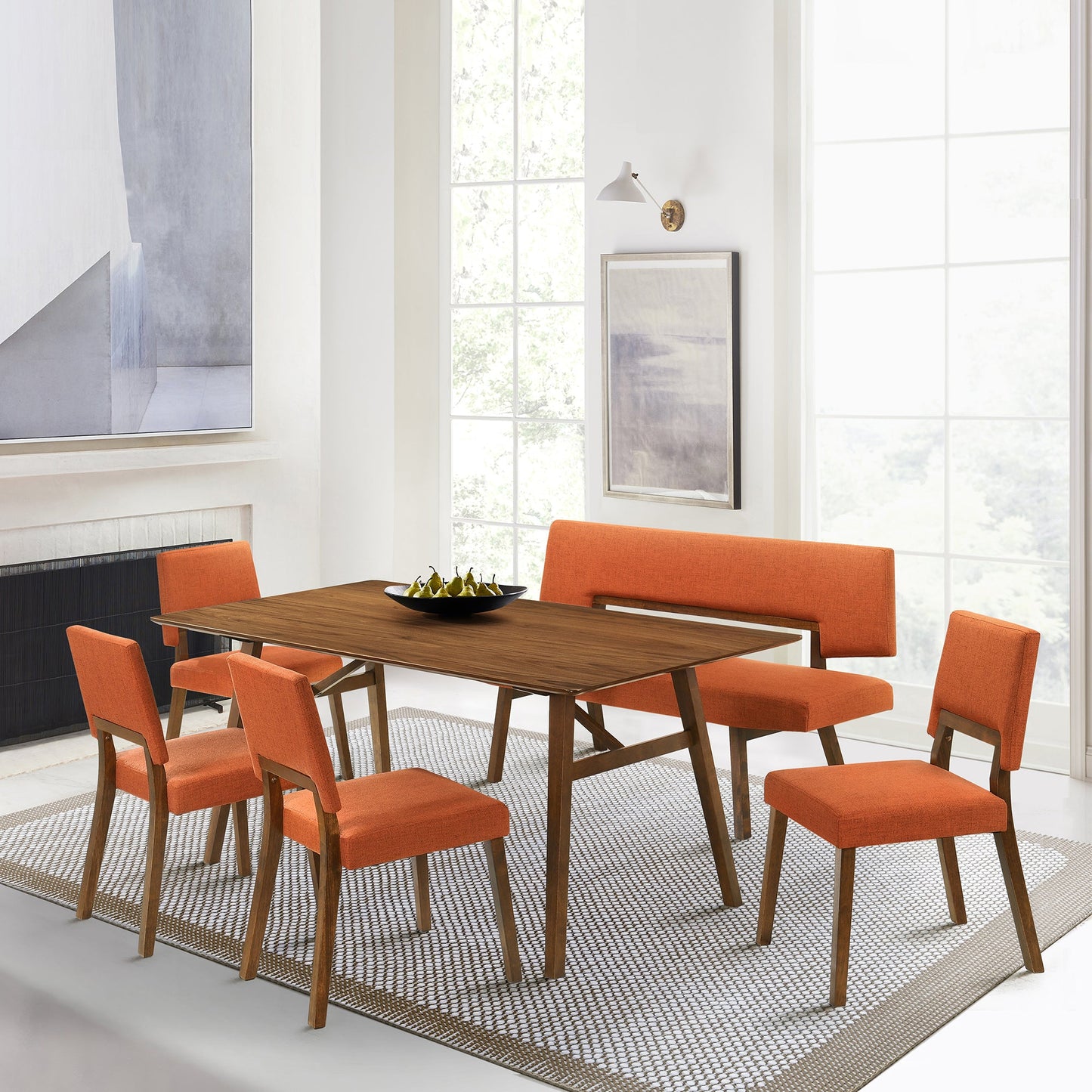 Channell Wood Dining Chair in Walnut Finish with Orange Fabric - Set of 2