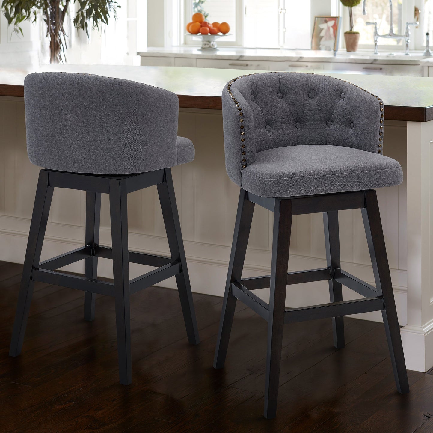 Celine 30" Bar Height Swivel Gray Fabric and Espresso Wood Bar Stool