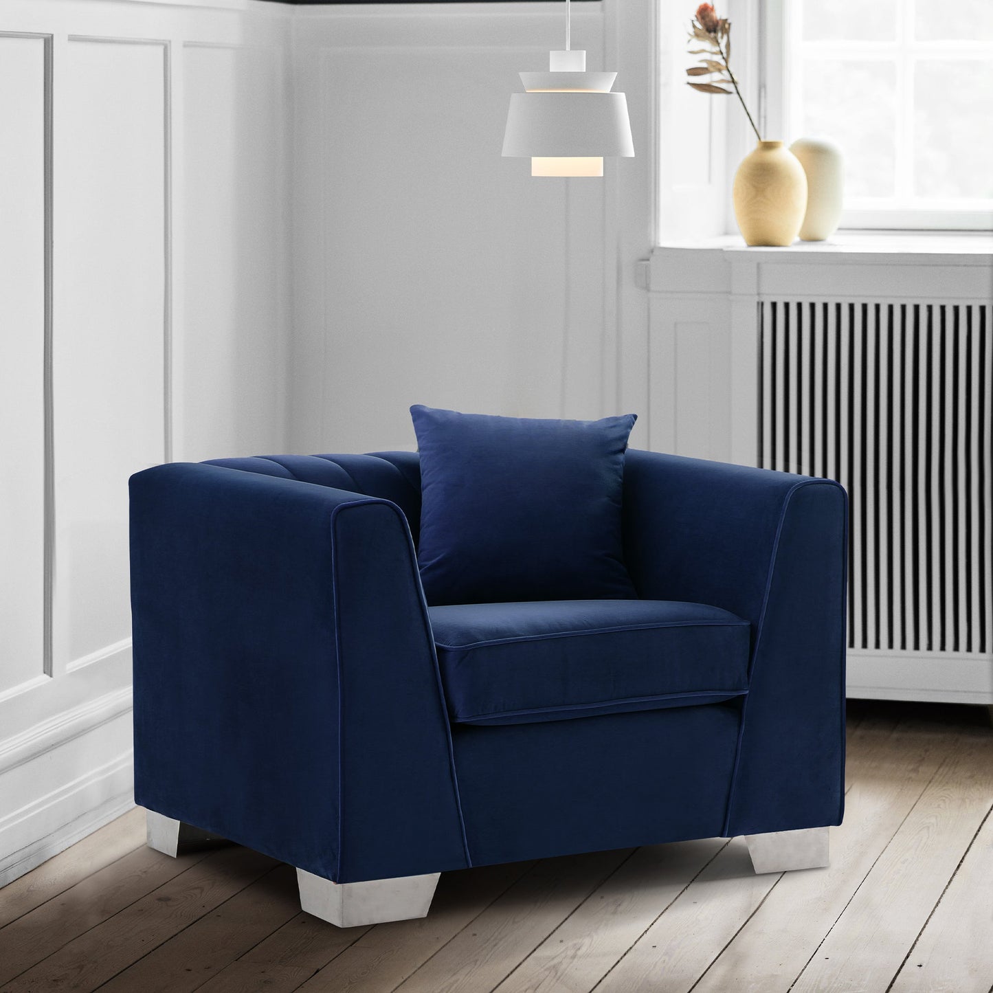 Cambridge Contemporary Chair in Brushed Stainless Steel and Blue Velvet