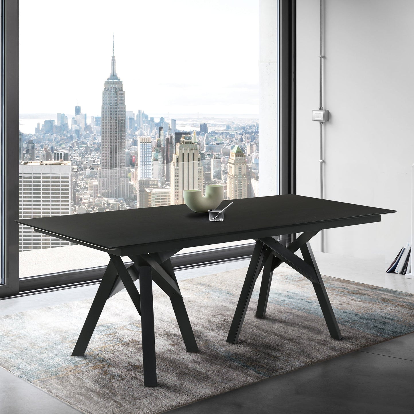 Cortina 79" Mid-Century Modern Black Wood Dining Table with Black Legs