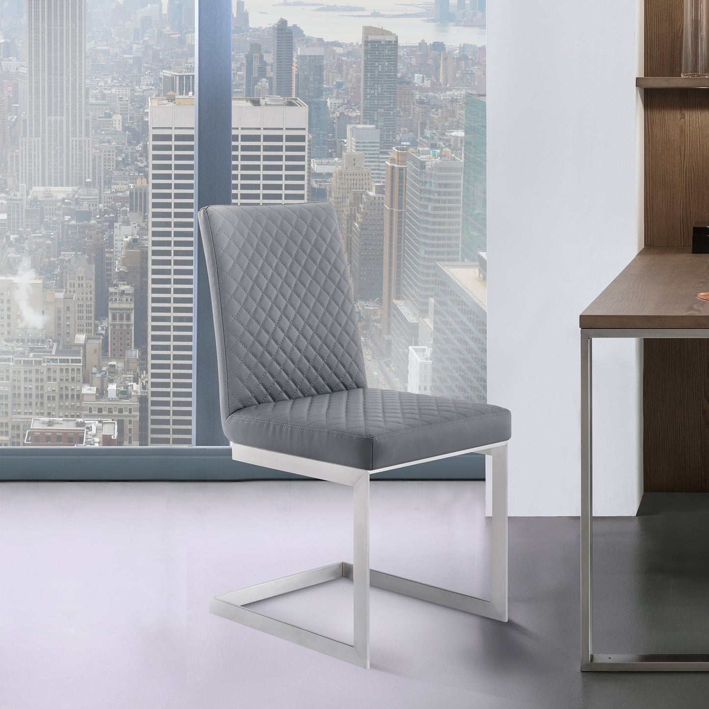 Copen Contemporary Dining Chair in Brushed Stainless Steel and Gray Faux Leather - Set of 2