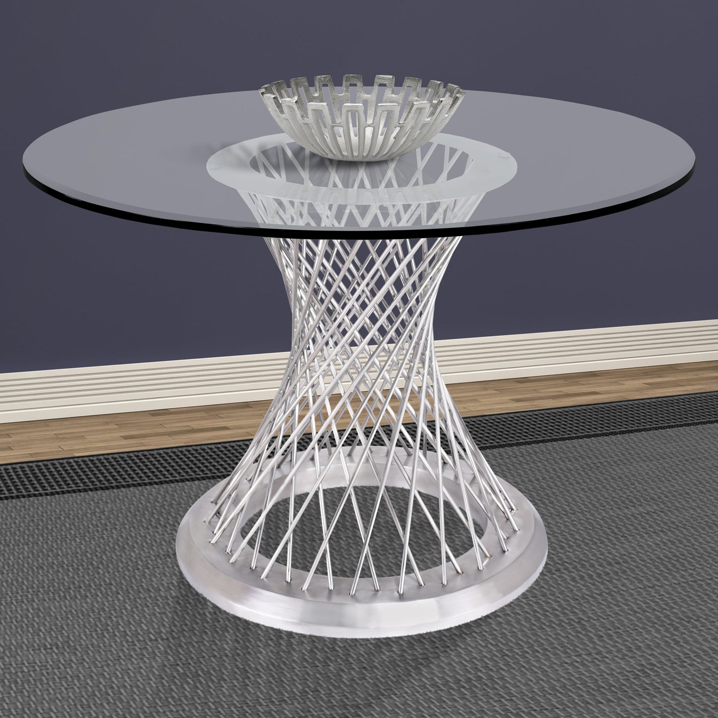 Calypso Contemporary Dining Table in Brushed Stainless Steel with Clear Tempered Glass Top