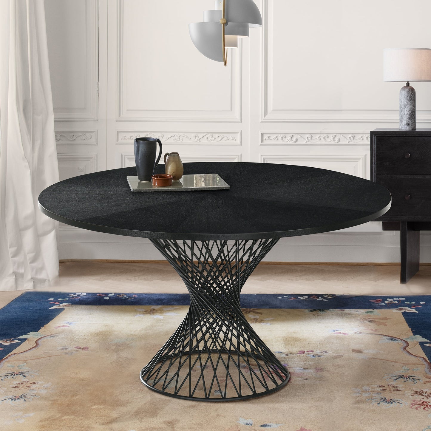 Cirque 54" Round Black Wood and Metal Pedestal Dining Table