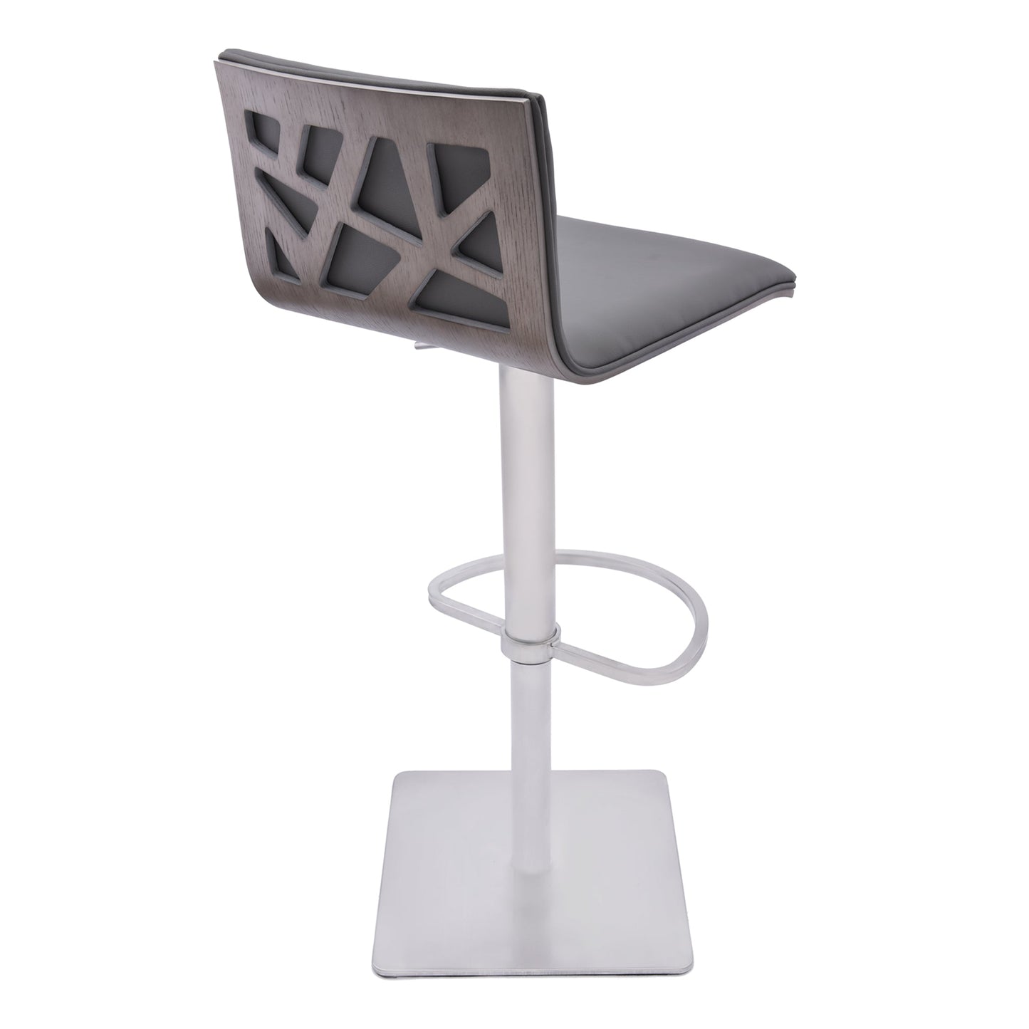 Crystal Adjustable Height Swivel Gray Faux Leather and Gray Walnut Bar Stool with Brushed Stainless Steel Base