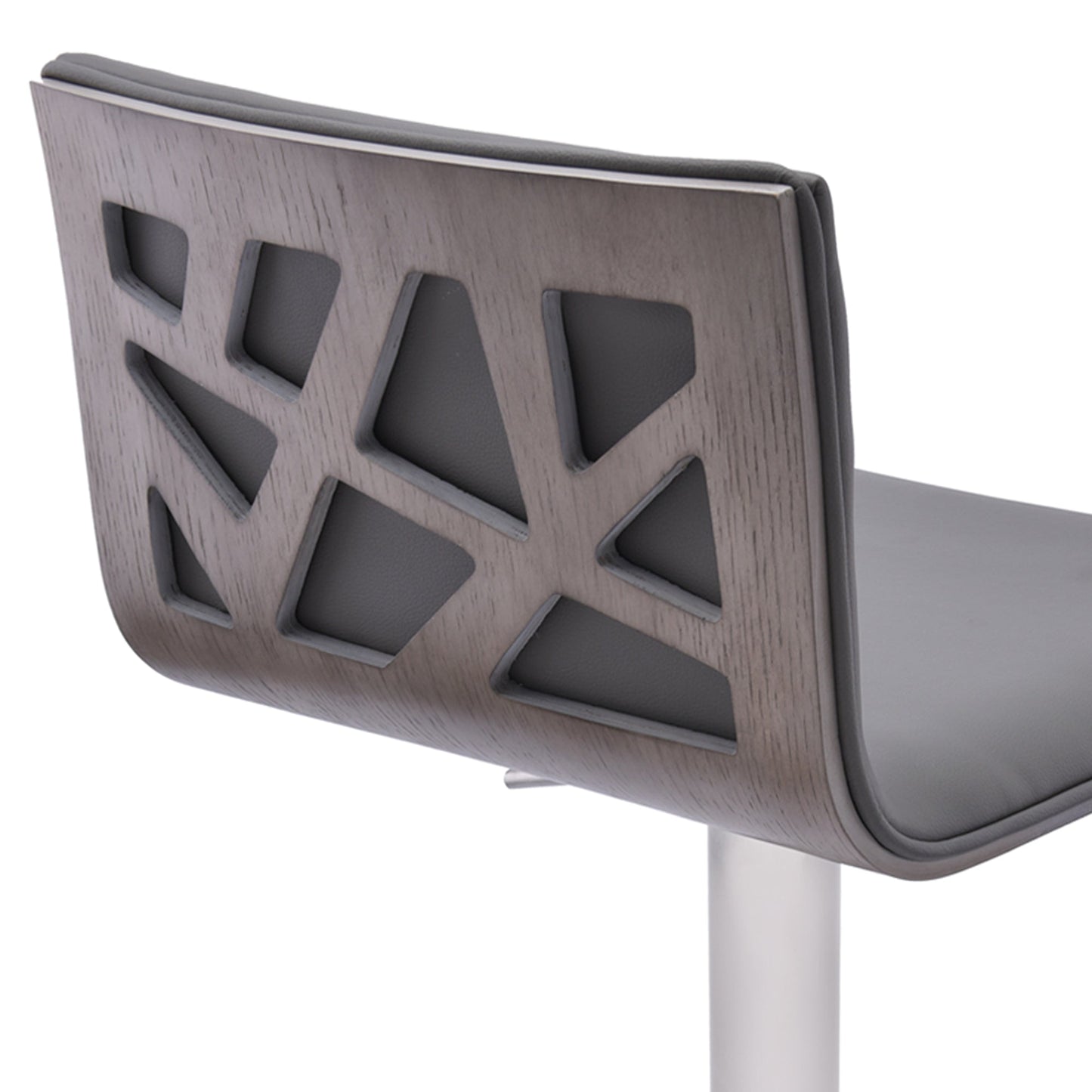 Crystal Adjustable Height Swivel Gray Faux Leather and Gray Walnut Bar Stool with Brushed Stainless Steel Base