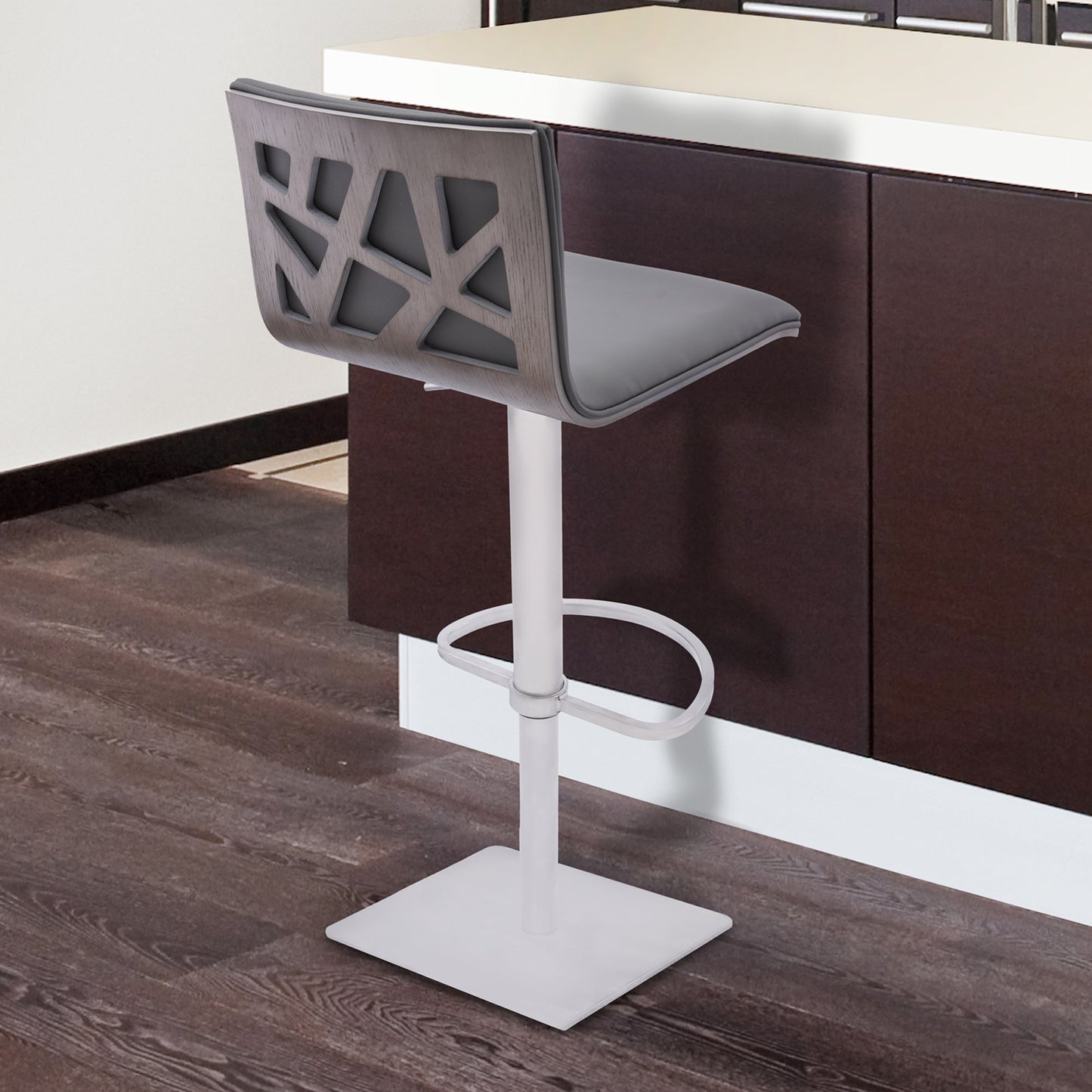 Crystal Adjustable Height Swivel Gray Faux Leather and Gray Walnut Bar Stool with Brushed Stainless Steel Base