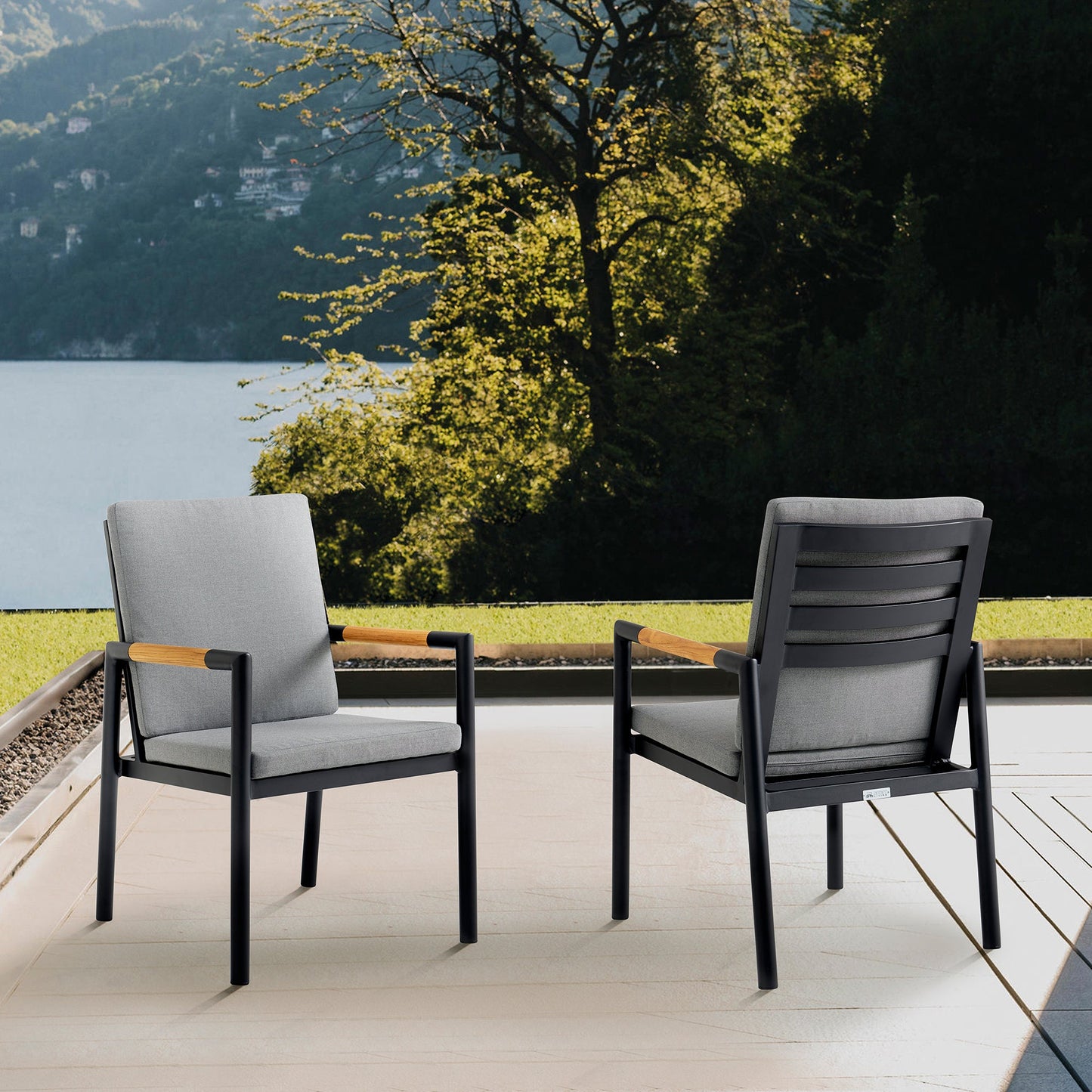 Crown Black Aluminum and Teak Outdoor Dining Chair with Dark Gray Fabric - Set of 2