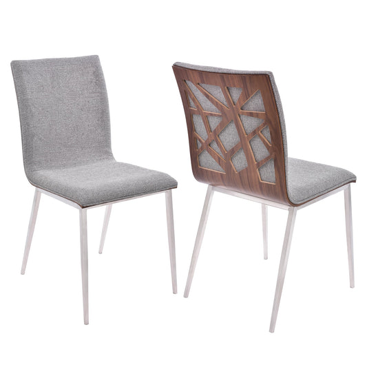 Crystal Dining Chair in Brushed Stainless Steel finish with Gray Fabric and Walnut Back - Set of 2