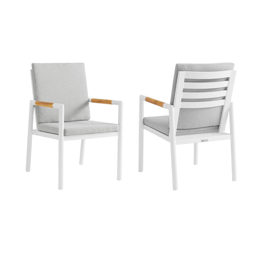 Crown White Aluminum and Teak Outdoor Dining Chair with Light Gray Fabric - Set of 2