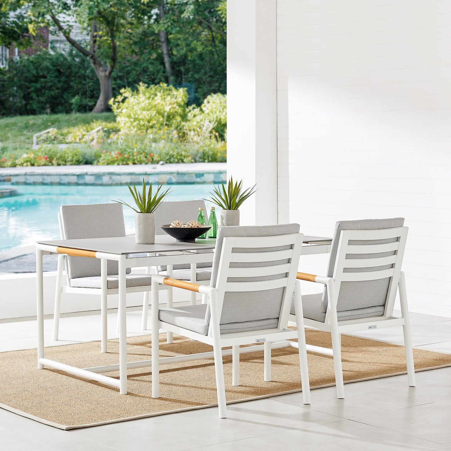 Crown White Aluminum and Teak Outdoor Dining Chair with Light Gray Fabric - Set of 2