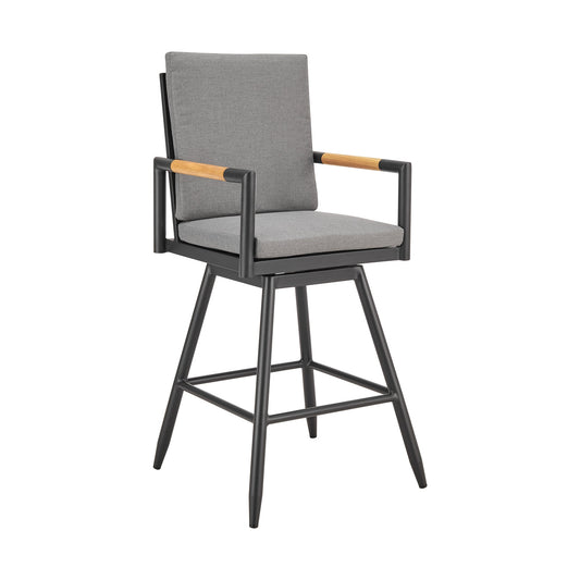 Crown Outdoor Patio Swivel Counter Stool in Aluminum with Tan Rope and Dark Gray Cushions