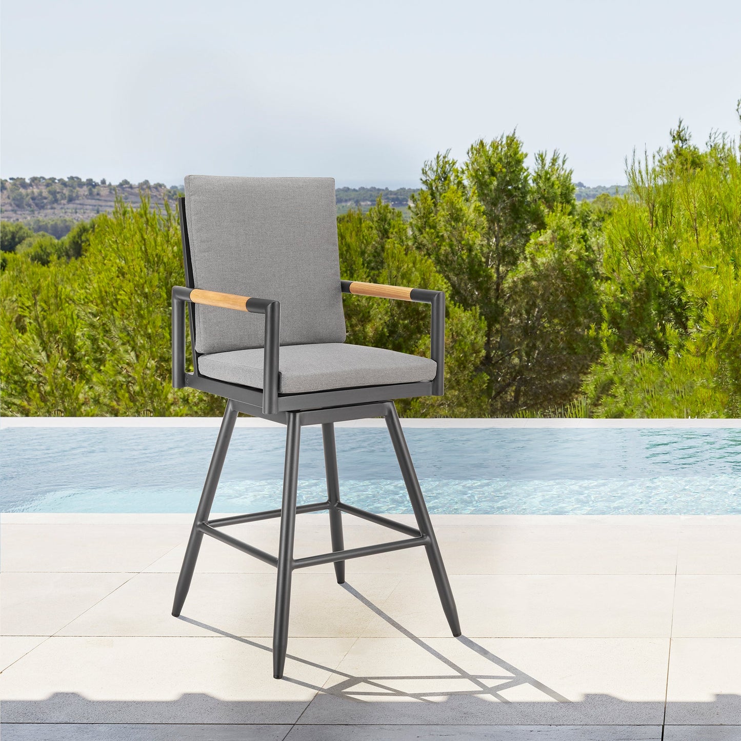 Crown Outdoor Patio Swivel Counter Stool in Aluminum with Tan Rope and Dark Gray Cushions