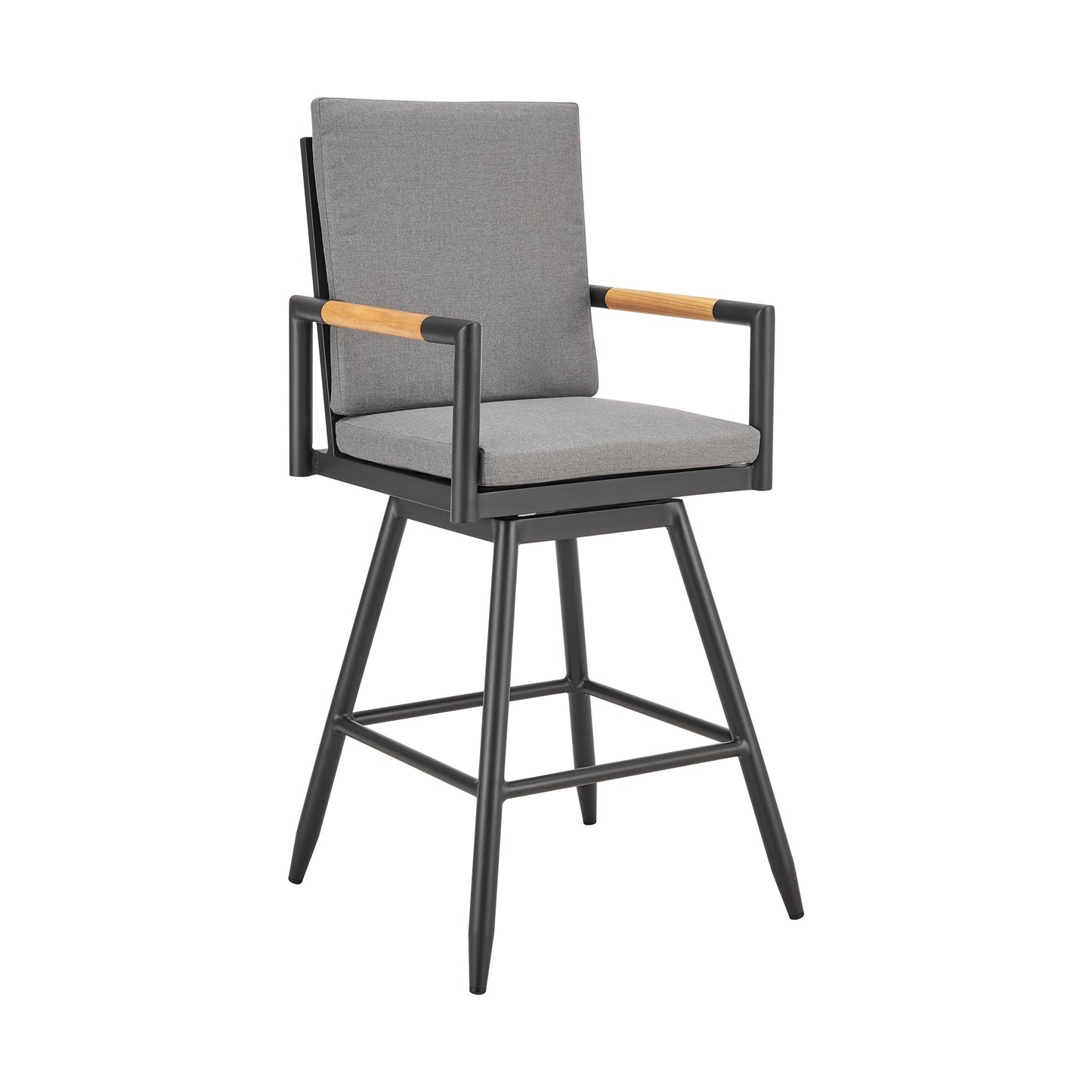 Crown Outdoor Patio Swivel Bar Stool in Aluminum with Tan Rope and Dark Gray Cushions