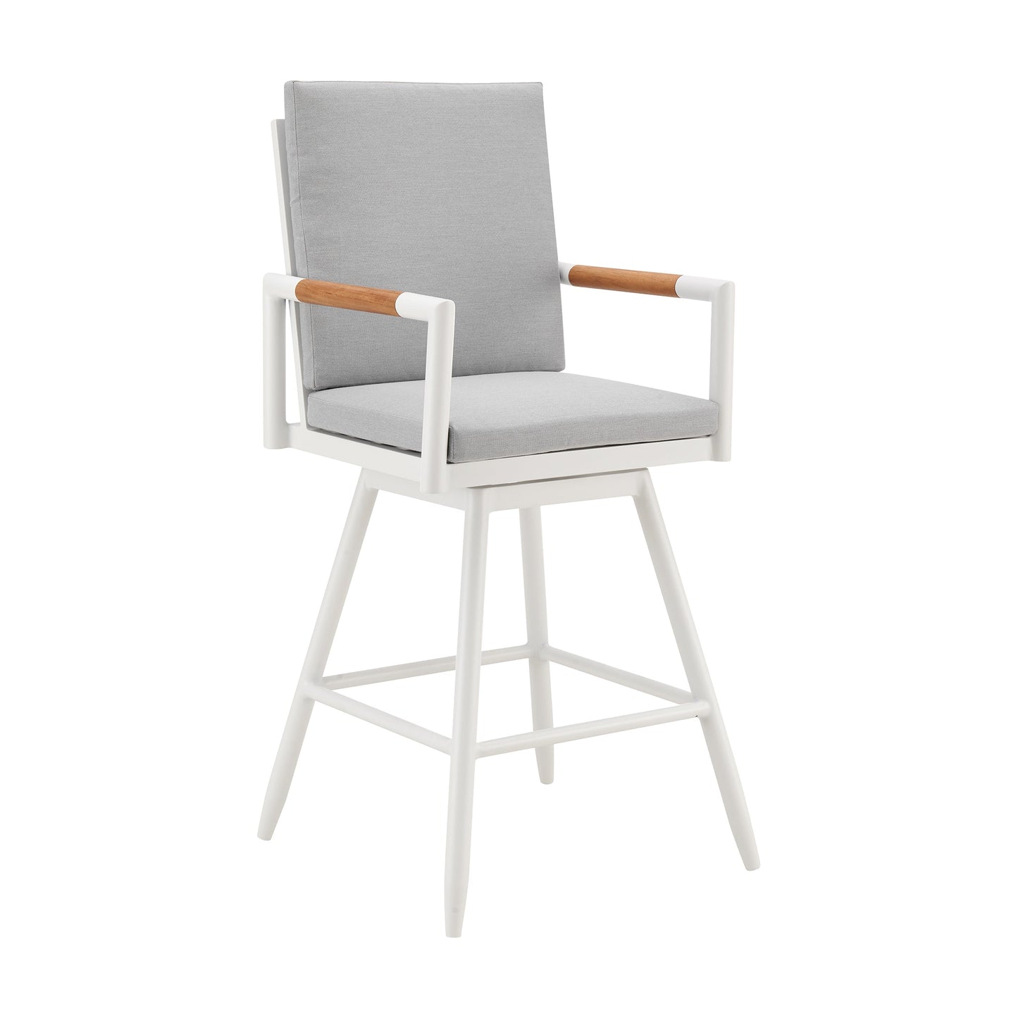 Crown Outdoor Patio Swivel Counter Stool in Aluminum with Brown Rope and Light Gray Cushions