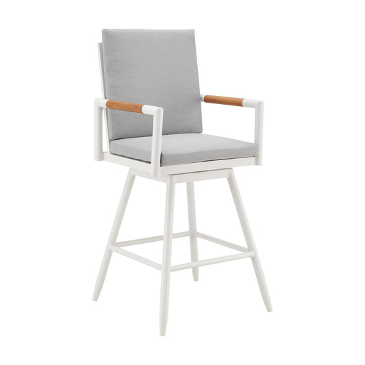 Crown Outdoor Patio Swivel Counter Stool in Aluminum with Brown Rope and Light Gray Cushions