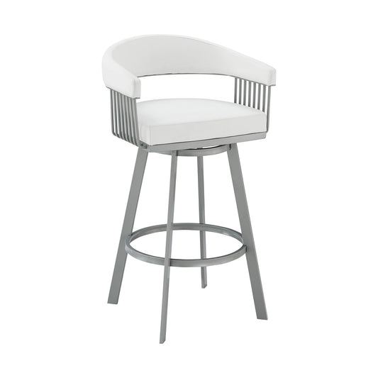 Chelsea 26" Counter Height Swivel Bar Stool in Silver Finish and White Faux Leather