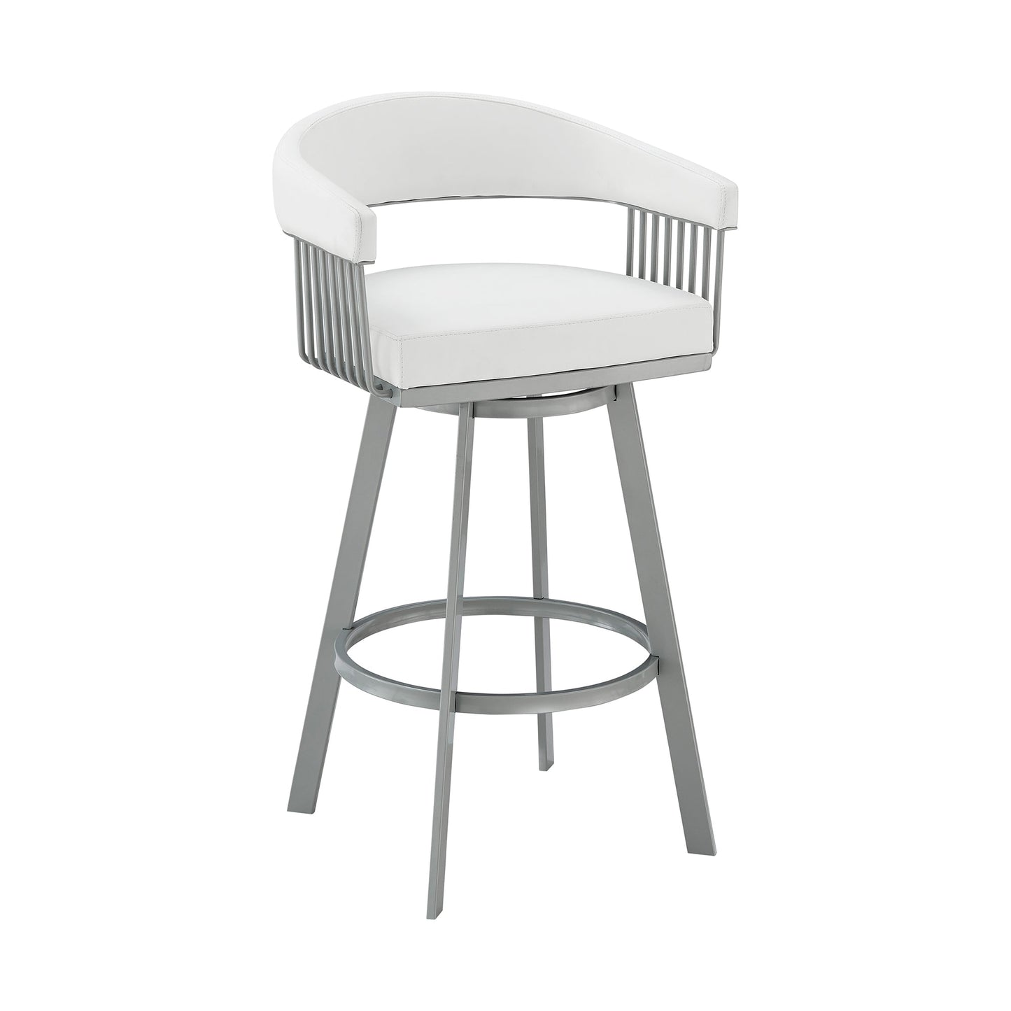 Chelsea 30" Bar Height Swivel Bar Stool in Silver Finish and White Faux Leather