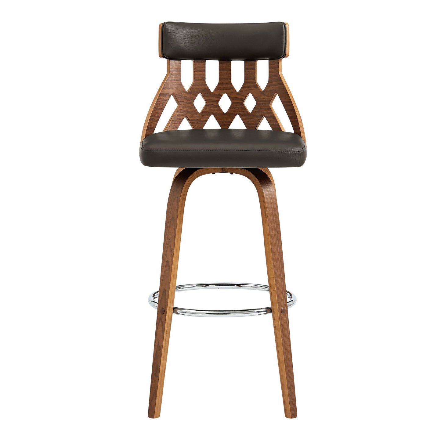 Crux 30" Swivel Bar Stool in Brown Faux Leather and Walnut Wood